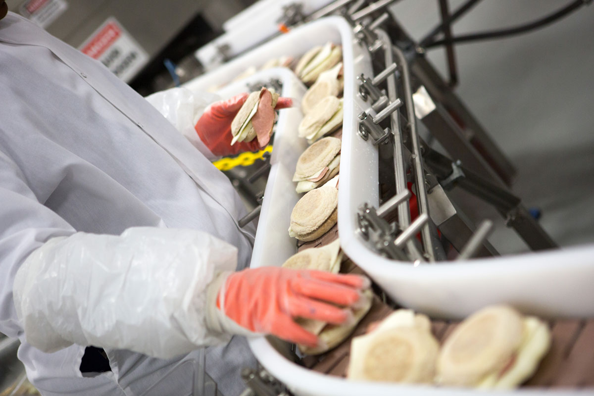 sandwiches coming down the assembly line